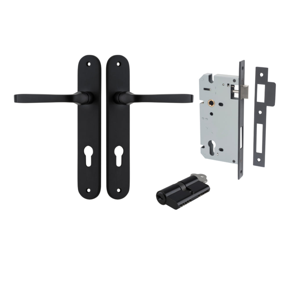 Door Lever Annecy Oval Euro Matt Black CTC85mm H240xW40xP62mm Entrance Kit Mortice Lock Euro Matt Black CTC85mm Backset 60mm, Euro Cylinder Dual Function 5 Pin Matt Black L65mm KA1 in Matt Black
