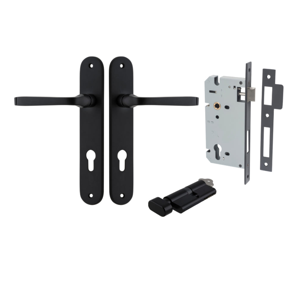 Door Lever Annecy Oval Euro Matt Black CTC85mm H240xW40xP62mm Entrance Kit Mortice Lock Euro Matt Black CTC85mm Backset 60mm, Euro Cylinder Key Thumb 6 Pin Matt Black L70mm KA1 in Matt Black