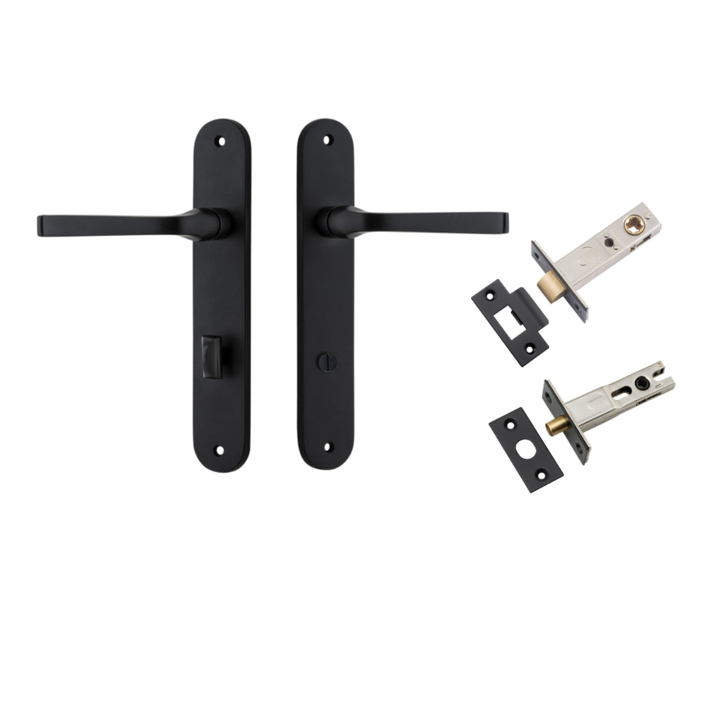 Door Lever Annecy Oval Privacy Matt Black CTC85mm H240xW40xP62mm Inbuilt Privacy Kit Tube Latch Split Cam 'T' Striker Matt Black Backset 60mm, Privacy Bolt Round Bolt Matt Black Backset 60mm in Matt Black