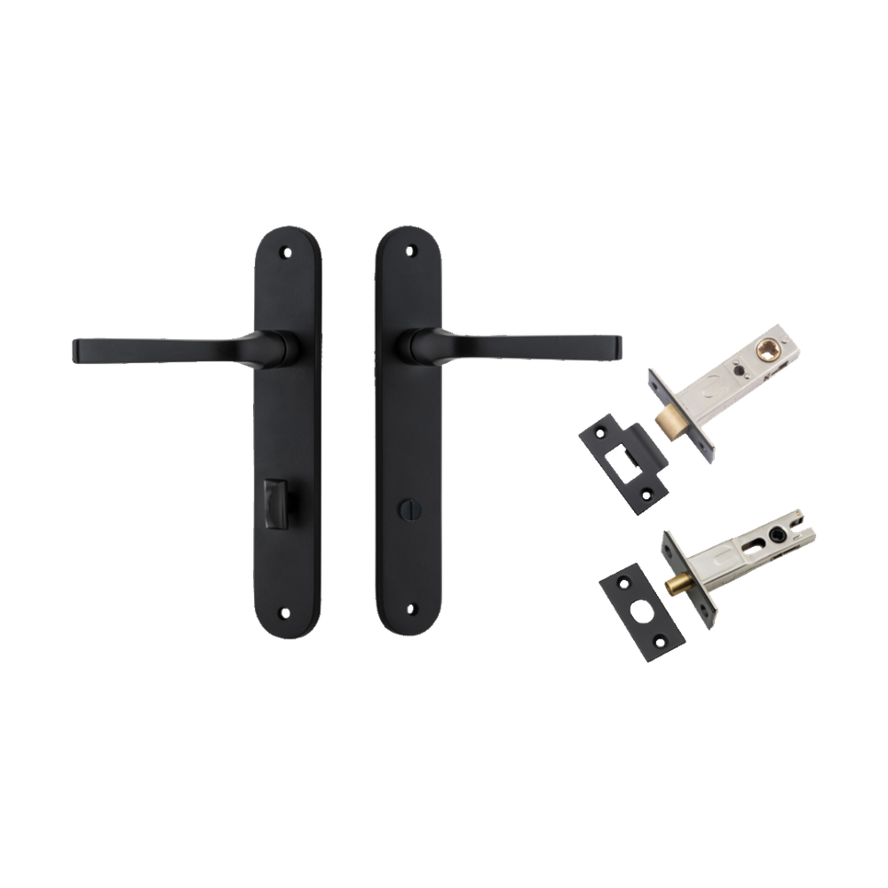 Door Lever Annecy Oval Privacy Matt Black CTC85mm H240xW40xP62mm Inbuilt Privacy Kit Tube Latch Split Cam 'T' Striker Matt Black Backset 60mm, Privacy Bolt Round Bolt Matt Black Backset 60mm in Matt Black
