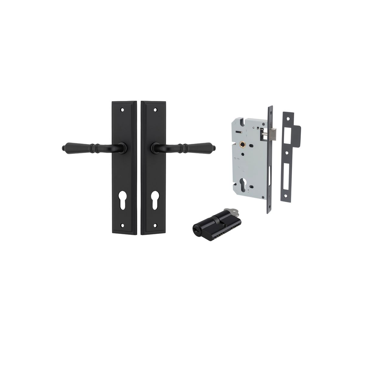 Pair of Iver Sarlat lever handles on stepped backplates, shown in a natural metal finish, designed for door hardware.