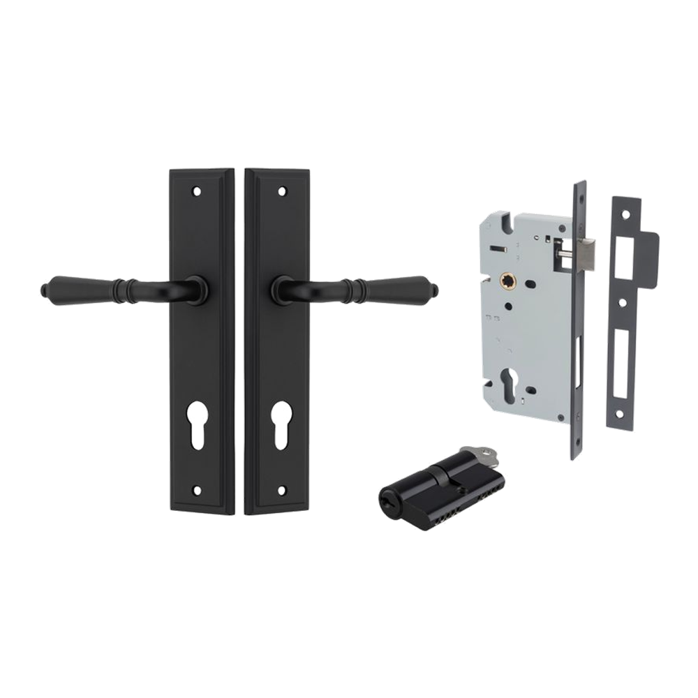 Door Lever Sarlat Stepped Matt Black Key / Key Entrance Kit in Matt Black