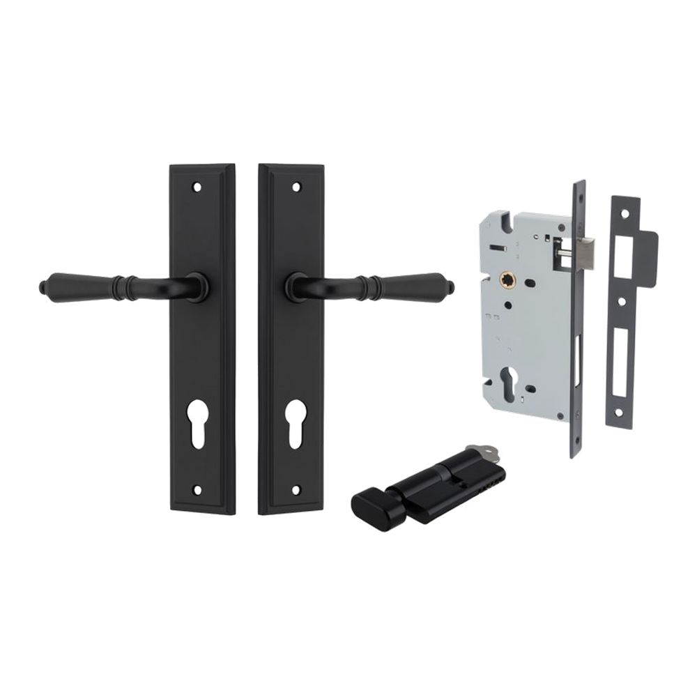 Door Lever Sarlat Stepped Matt Black Key / Thumb Entrance Kit in Matt Black