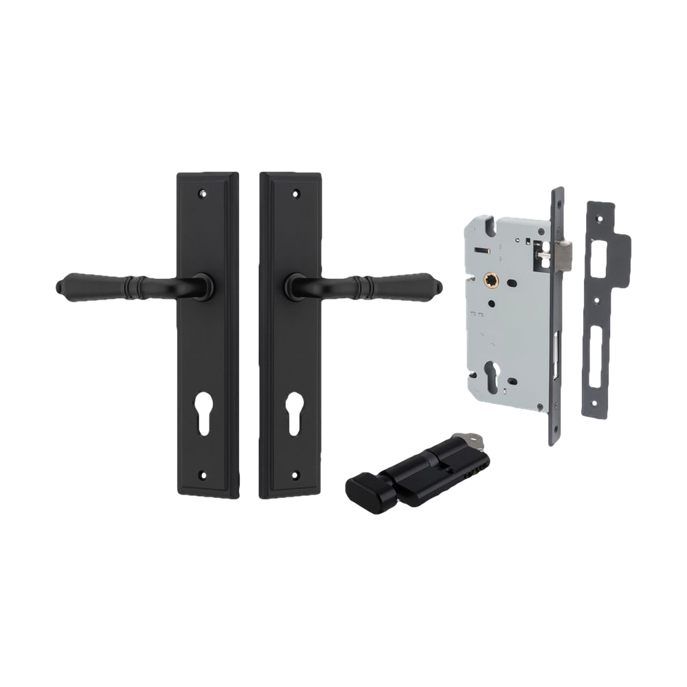 Door Lever Sarlat Stepped Matt Black Key / Thumb Entrance Kit in Matt Black
