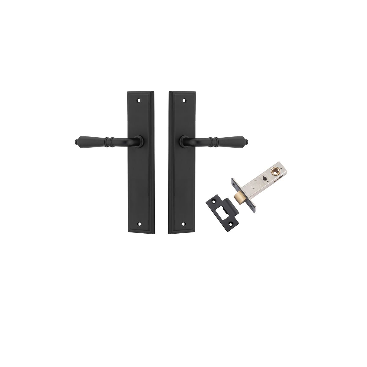 Pair of Iver Sarlat lever handles on stepped backplates, showcasing elegant brass design and polished finish.