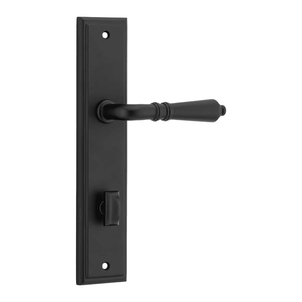 Pair of Iver Sarlat lever handle door handles on stepped backplates, showcasing polished metal finish and elegant design.