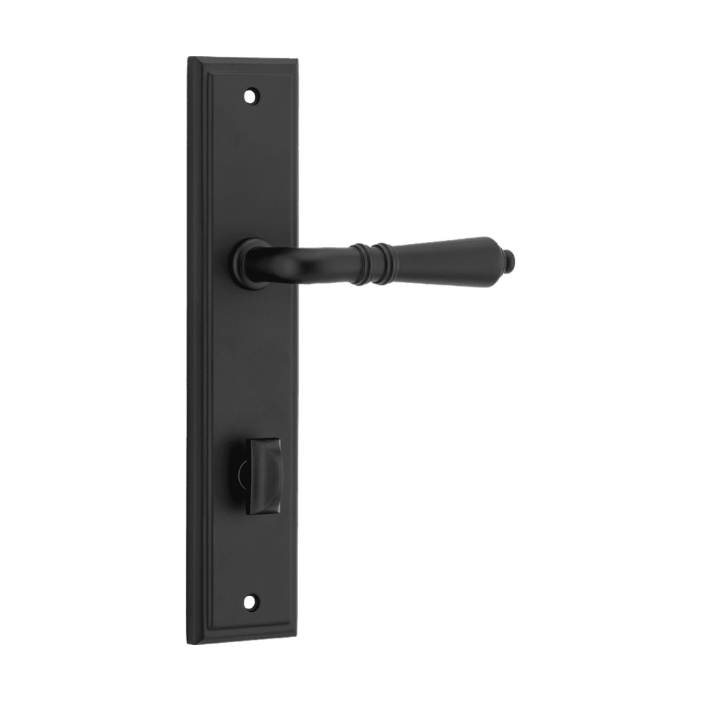 Pair of Iver Sarlat lever handle door handles on stepped backplates, showcasing polished metal finish and elegant design.