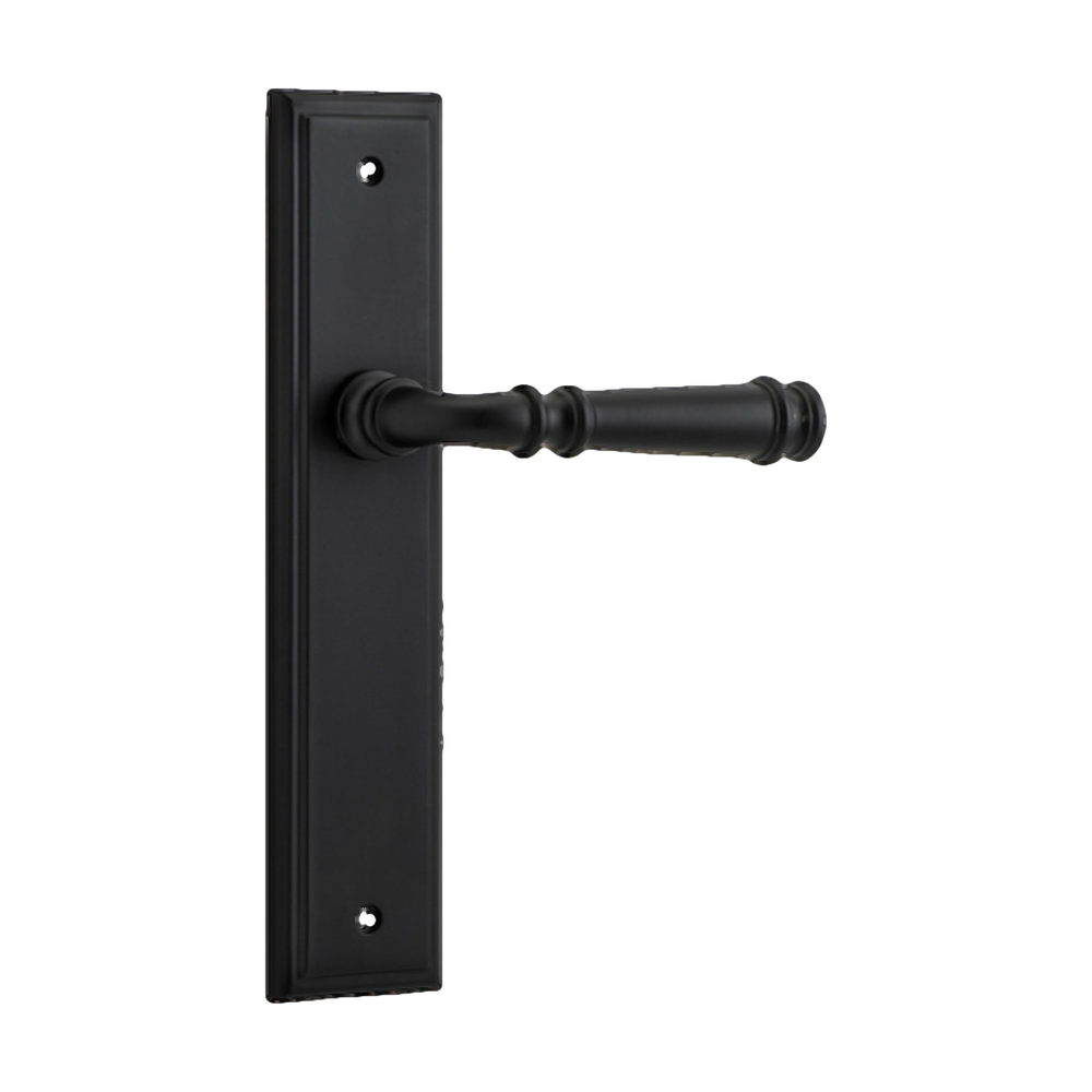 Pair of Iver Verona lever handles on stepped backplates, architectural hardware with modern, sleek design for doors.