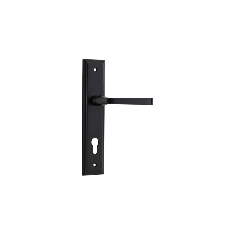 Pair of Iver Annecy lever handles on stepped backplates, polished metal finish, designed for doors.