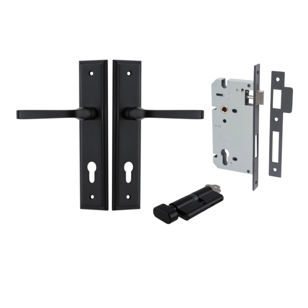 Door Lever Annecy Stepped Euro Matt Black CTC85mm H240xW50xP65mm Entrance Kit Mortice Lock Euro Matt Black CTC85mm Backset 60mm, Euro Cylinder Key Thumb 6 Pin Matt Black L70mm KA1 in Matt Black
