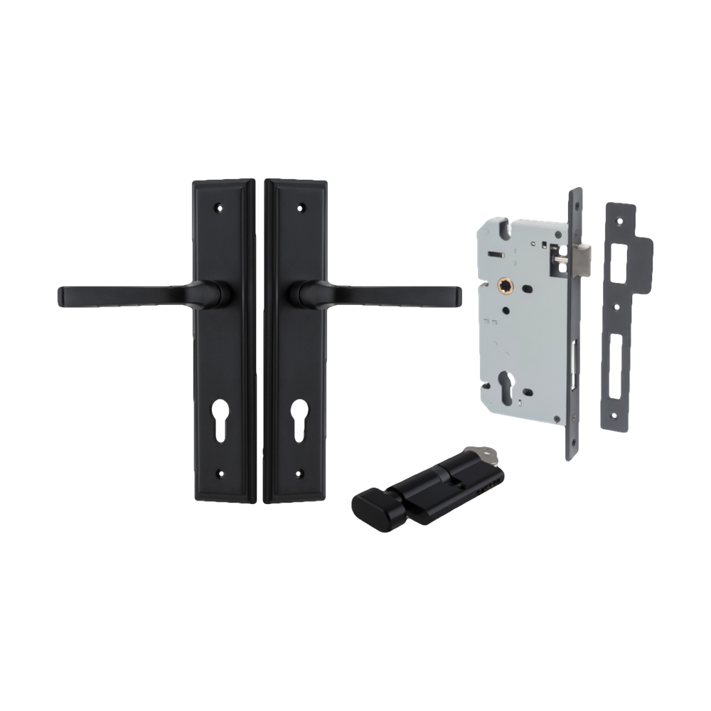 Door Lever Annecy Stepped Euro Matt Black CTC85mm H240xW50xP65mm Entrance Kit Mortice Lock Euro Matt Black CTC85mm Backset 60mm, Euro Cylinder Key Thumb 6 Pin Matt Black L70mm KA1 in Matt Black