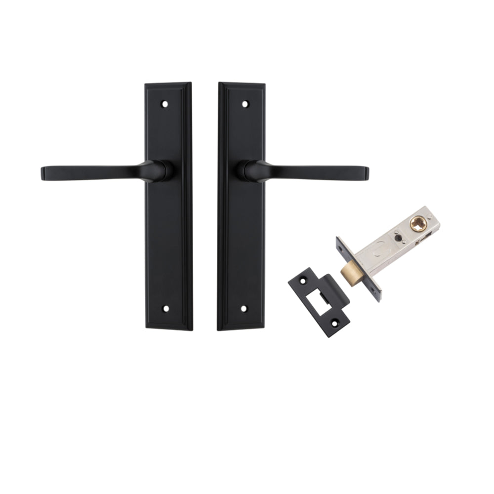 Door Lever Annecy Stepped Latch Matt Black H240xW50xP65mm Passage Kit Tube Latch Split Cam 'T' Striker Matt Black Backset 60mm in Matt Black