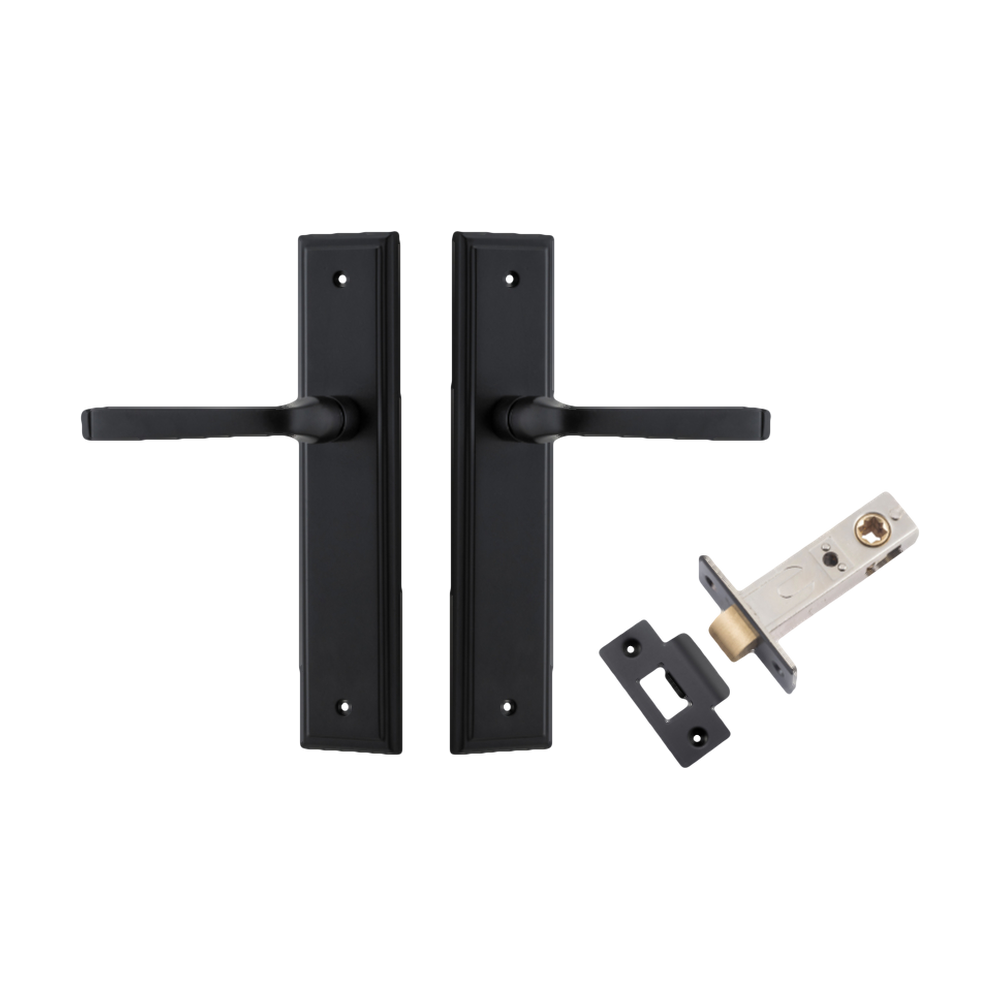 Door Lever Annecy Stepped Latch Matt Black H240xW50xP65mm Passage Kit Tube Latch Split Cam 'T' Striker Matt Black Backset 60mm in Matt Black