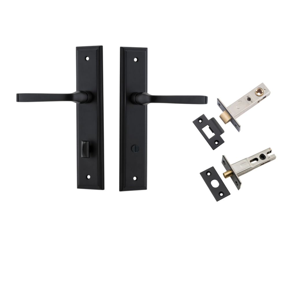 Door Lever Annecy Stepped Privacy Matt Black CTC85mm H240xW50xP65mm Inbuilt Privacy Kit Tube Latch Split Cam 'T' Striker Matt Black Backset 60mm, Privacy Bolt Round Bolt Matt Black Backset 60mm in Matt Black