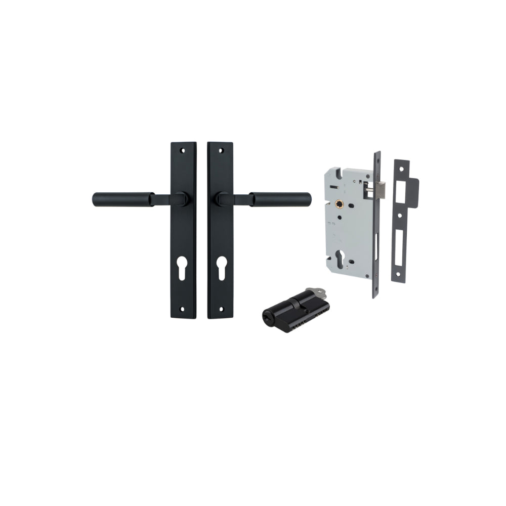 Door Lever Berlin Rectangular Euro Pair Matt Black CTC85mm L120xP57mm BPH240xW38mm, Mortice Lock Euro Matt Black CTC85mm Backset 60mm, Euro Cylinder Dual Function 5 Pin Matt Black 65mm KA4 in Matt Black