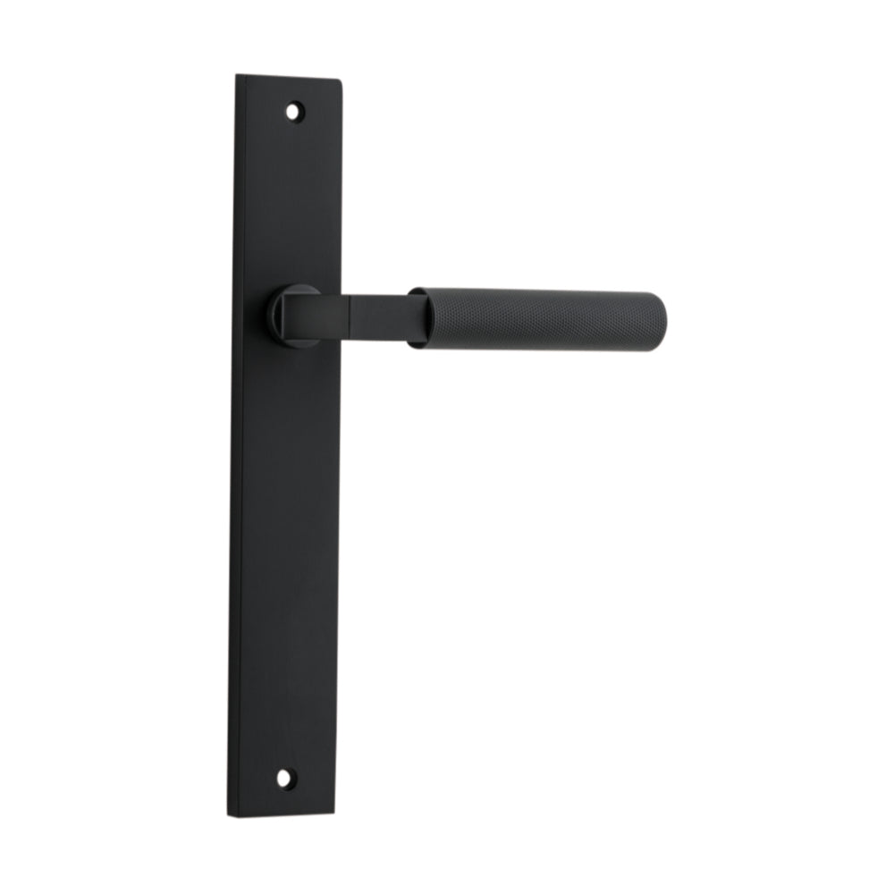 Pair of Iver Brunswick lever door handles on rectangular backplates, featuring a sleek, modern design for interior doors.