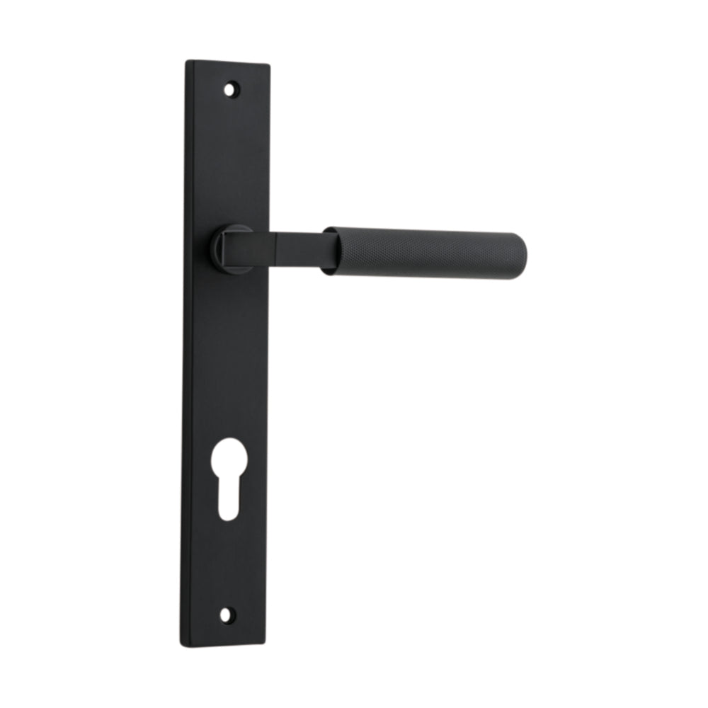 Pair of Iver Brunswick lever door handles on rectangular backplates, showcasing polished metal finish and modern design.