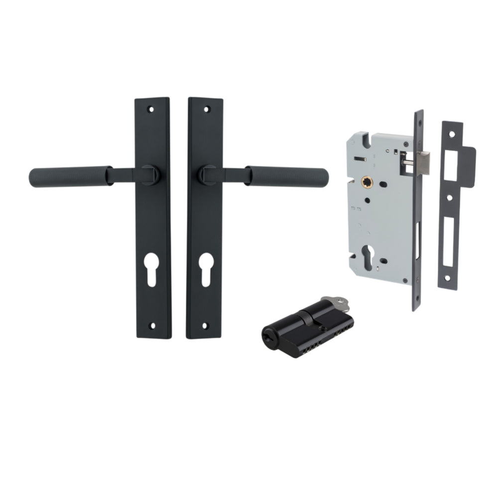 Door Lever Brunswick Rectangular Euro Pair Matt Black CTC85mm L120xP57mm BPH240xW38mm, Mortice Lock Euro Matt Black CTC85mm Backset 60mm, Euro Cylinder Dual Function 5 Pin Matt Black 65mm KA4 in Matt Black