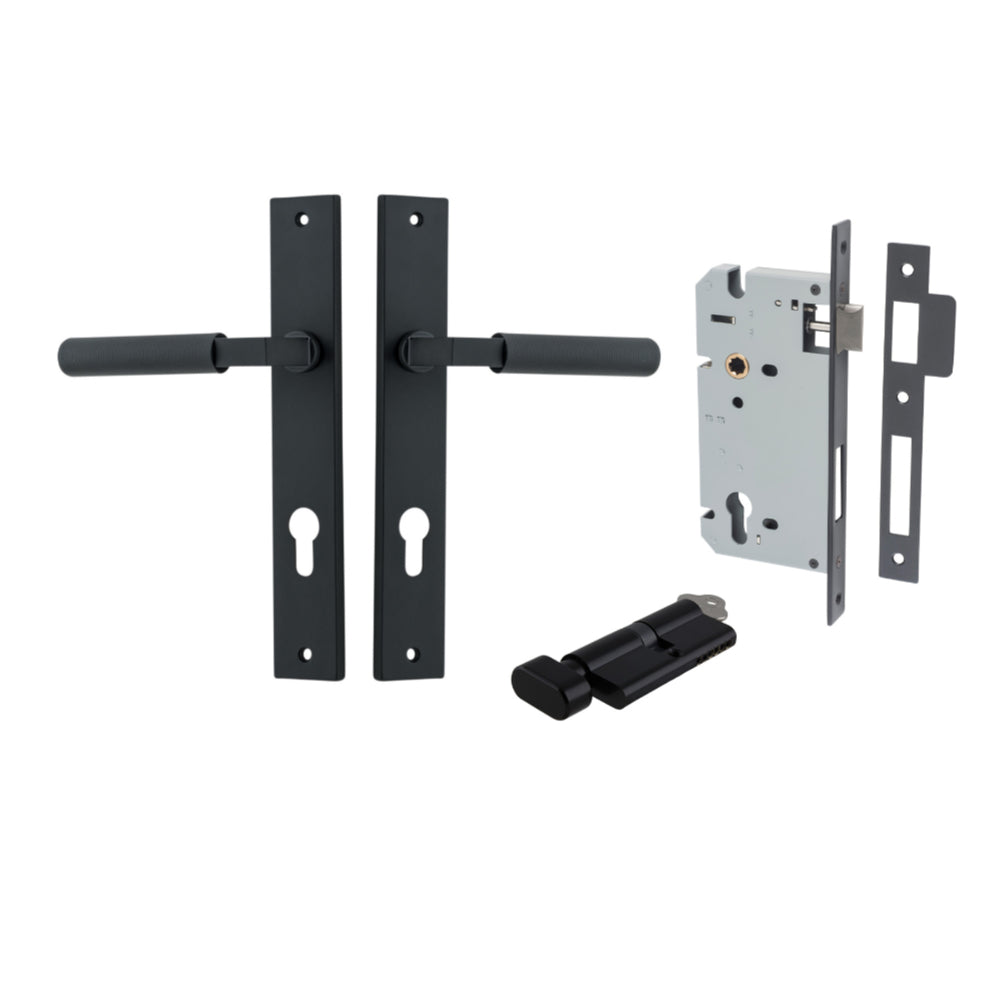 Door Lever Brunswick Rectangular Euro Pair Matt Black CTC85mm L120xP57mm BPH240xW38mm, Mortice Lock Euro Matt Black CTC85mm Backset 60mm, Euro Cylinder Key Thumb 5 Pin Matt Black 65mm KA4 in Matt Black