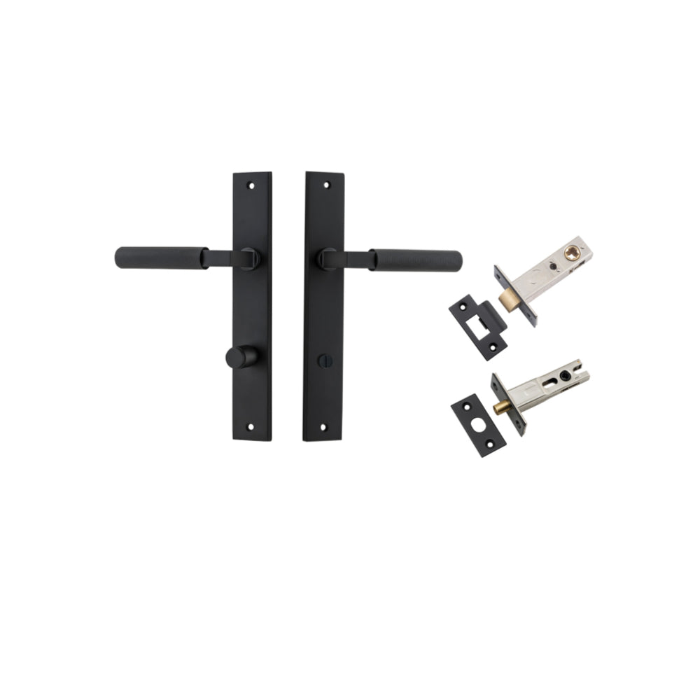 Door Lever Brunswick Rectangular Privacy Matt Black CTC85mm L120xP57mm BPH240xW38mm Privacy Kit, Tube Latch Split Cam 'T' Striker Matt Black Backset 60mm, Privacy Bolt Round Bolt Matt Black Backset 60mm in Matt Black