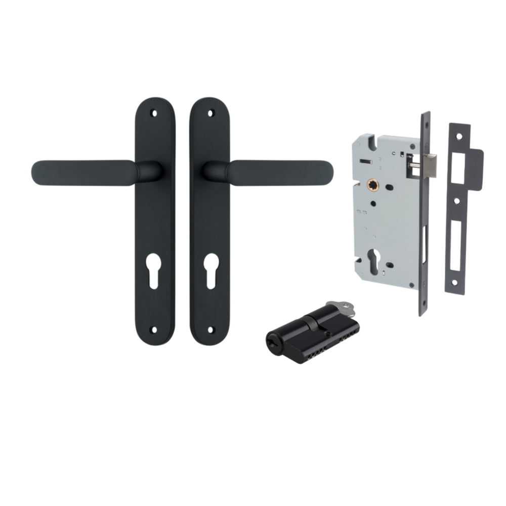 Door Lever Bronte Oval Euro Pair Matt Black CTC85mm L117xP53mm BPH240xW40mm Mortice Lock Euro Matt Black CTC85mm Backset 60mm, Euro Cylinder Dual Function 5 Pin Matt Black 65mm KA4 in Matt Black