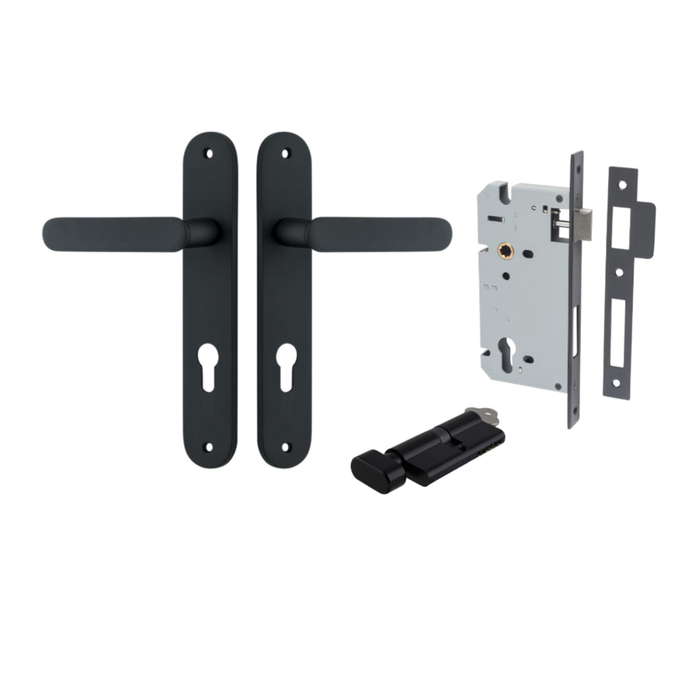 Door Lever Bronte Oval Euro Pair Matt Black CTC85mm L117xP53mm BPH240xW40mm Mortice Lock Euro Matt Black CTC85mm Backset 60mm, Euro Cylinder Key Thumb 5 Pin Matt Black 65mm KA4 in Matt Black