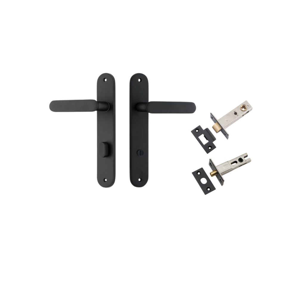 Door Lever Bronte Oval Privacy Matt Black CTC85mm L117xP53mm BPH240xW40mm Privacy Kit Tube Latch Split Cam 'T' Striker Matt Black Backset 60mm, Privacy Bolt Round Bolt Matt Black Backset 60mm in Matt Black