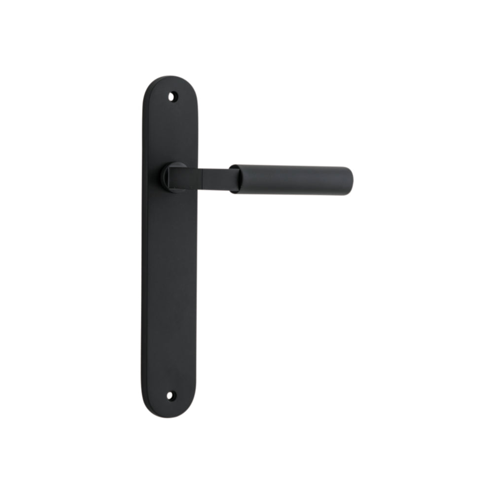 Pair of Iver Berlin lever door handles on oval backplates, shown in a polished finish, ideal for modern interior doors.