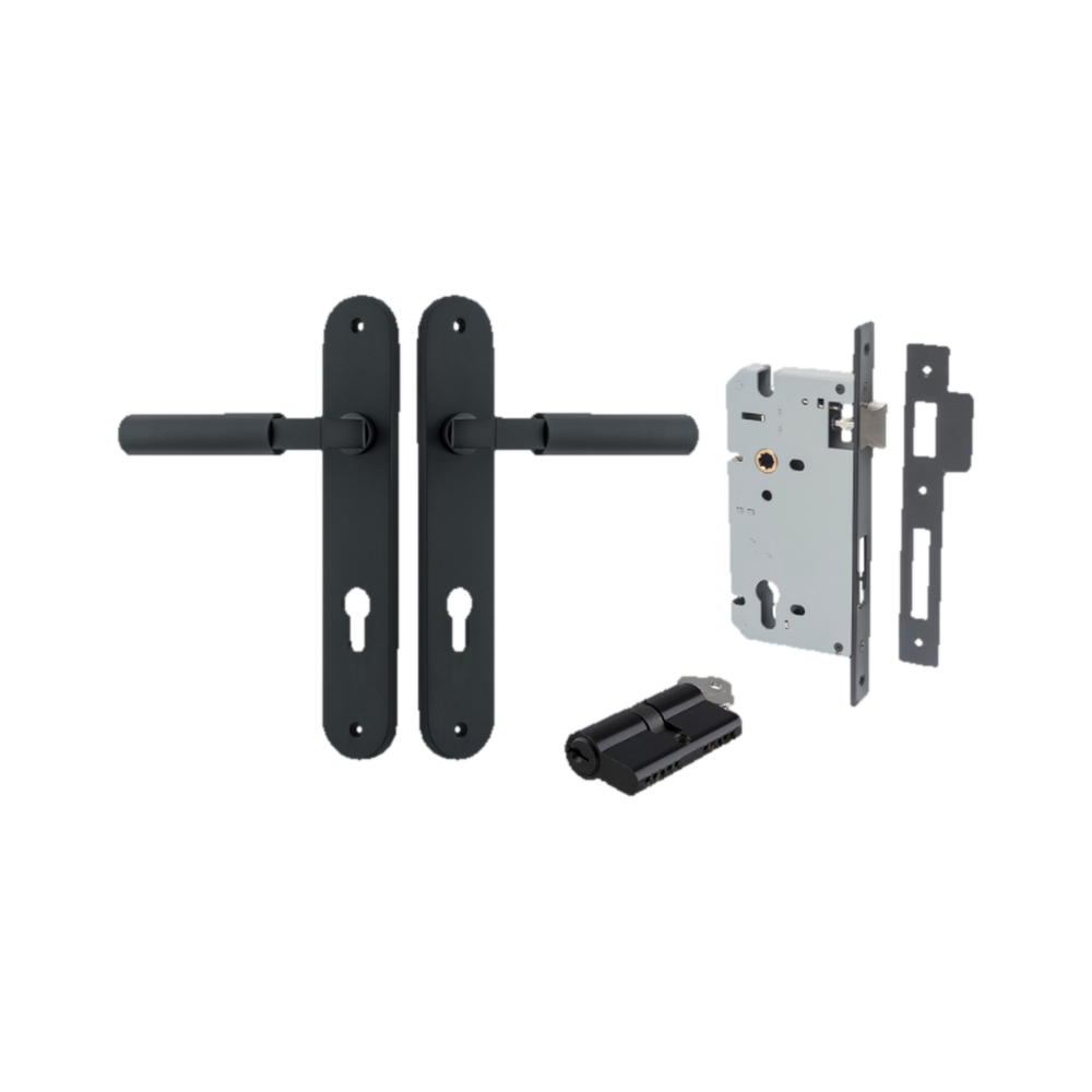 Door Lever Berlin Oval Euro Pair Matt Black CTC85mm L120xP57mm BPH240xW40mm Mortice Lock Euro Matt Black CTC85mm Backset 60mm, Euro Cylinder Dual Function 5 Pin Matt Black 65mm KA4 in Matt Black