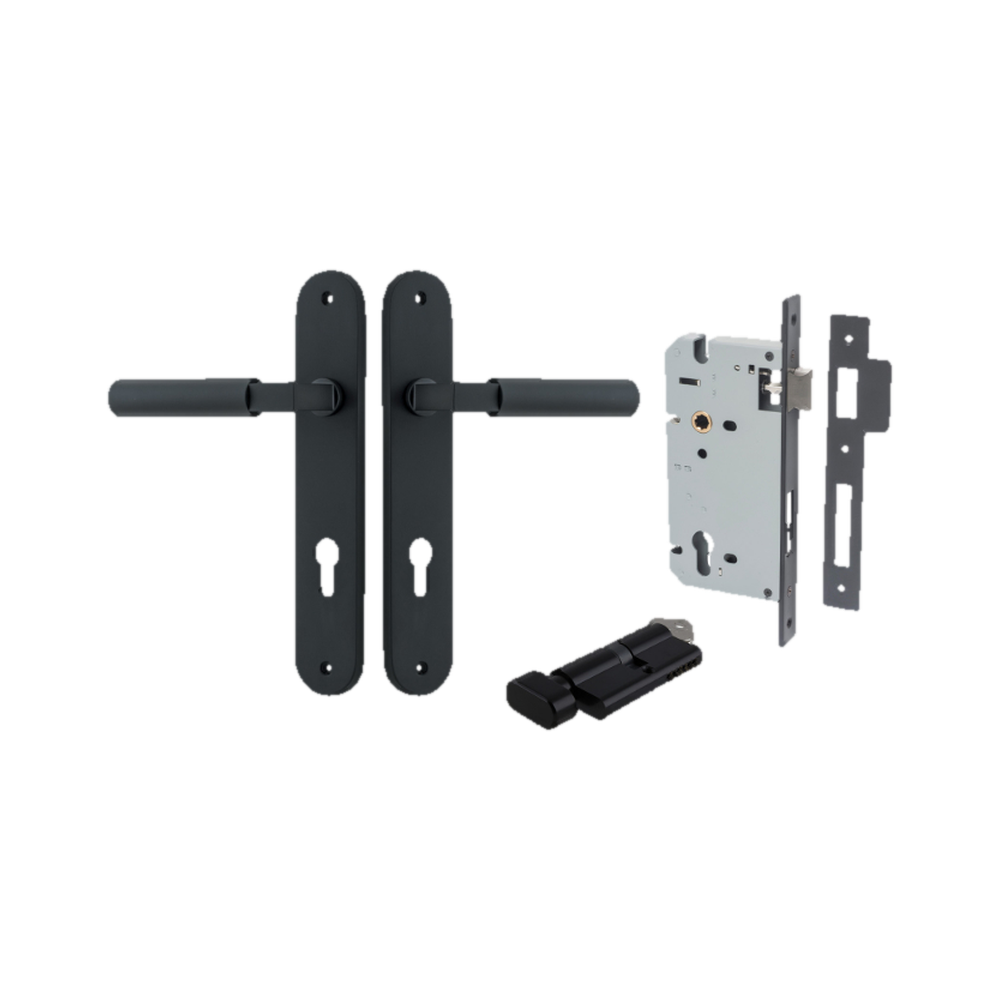 Door Lever Berlin Oval Euro Pair Matt Black CTC85mm L120xP57mm BPH240xW40mm Mortice Lock Euro Matt Black CTC85mm Backset 60mm, Euro Cylinder Key Thumb 5 Pin Matt Black 65mm KA4 in Matt Black