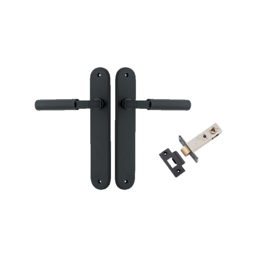 Door Lever Berlin Oval Matt Black L120xP57mm BPH240xW40mm Passage Kit Tube Latch Split Cam 'T' Striker Matt Black Backset 60mm in Matt Black