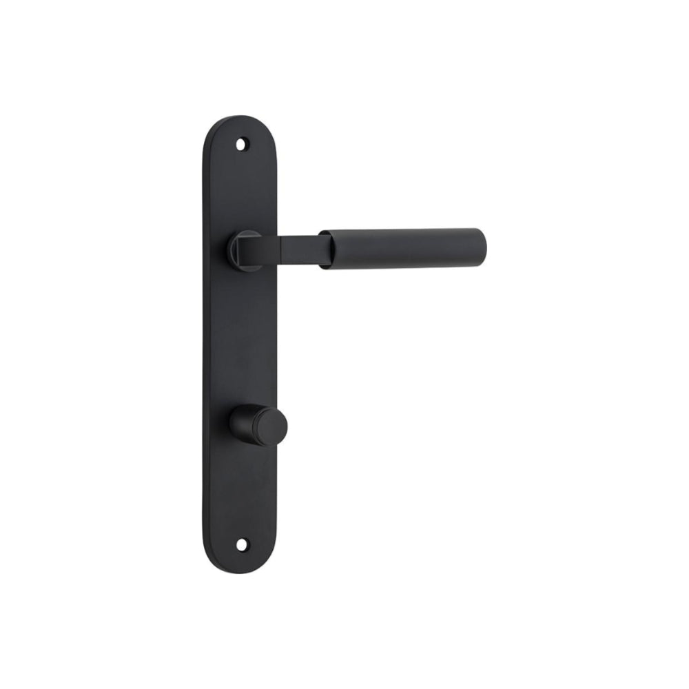 Pair of Iver Berlin lever door handles with oval backplates, featuring a sleek, modern design in a polished finish.