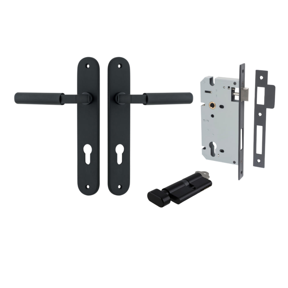 Door Lever Brunswick Oval Euro Pair Matt Black CTC85mm L120xP57mm BPH240xW40mm Mortice Lock Euro Matt Black CTC85mm Backset 60mm, Euro Cylinder Key Thumb 5 Pin Matt Black 65mm KA4 in Matt Black