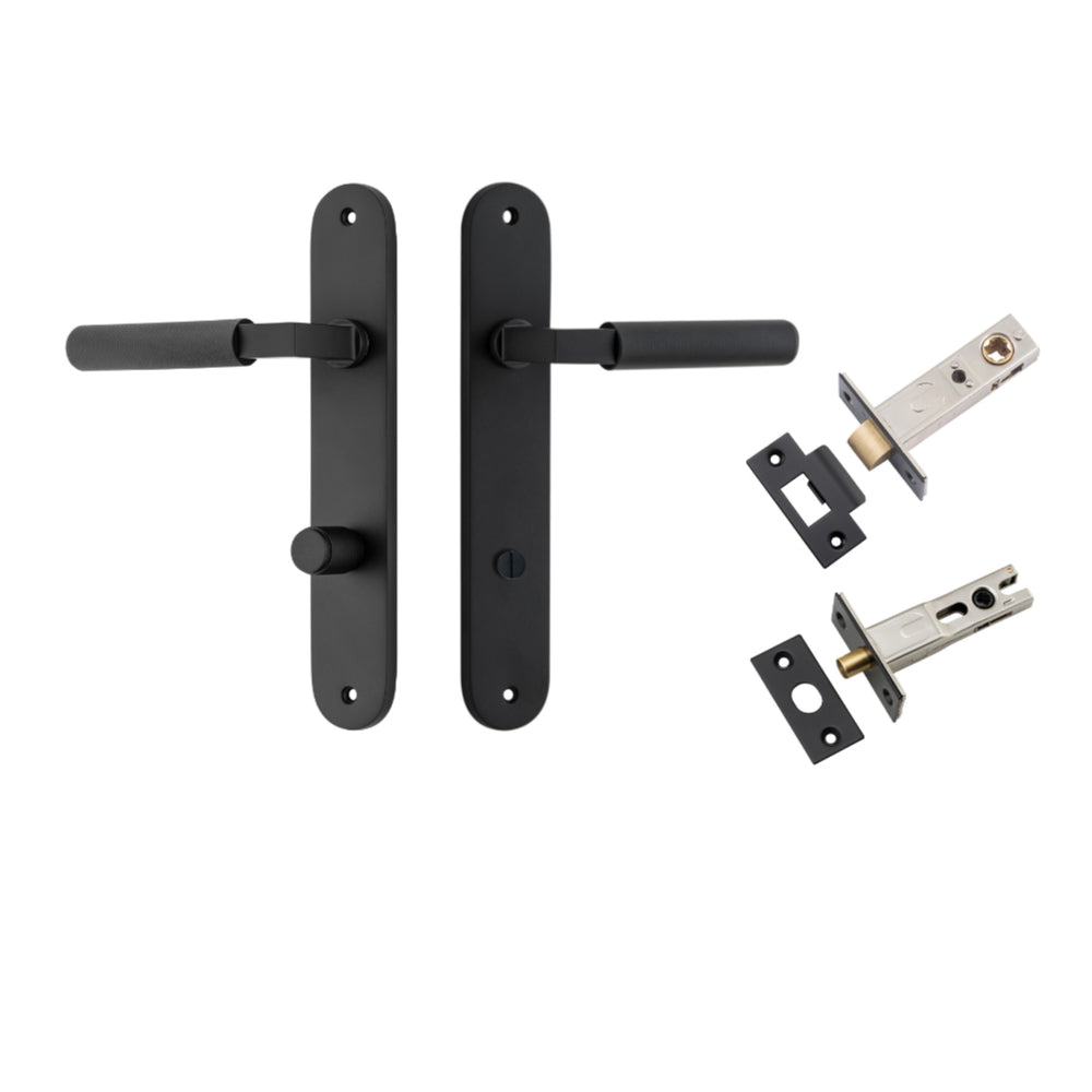 Door Lever Brunswick Oval Privacy Matt Black CTC85mm L120xP57mm BPH240xW40mm Privacy Kit Tube Latch Split Cam 'T' Striker Matt Black Backset 60mm, Privacy Bolt Round Bolt Matt Black Backset 60mm in Matt Black