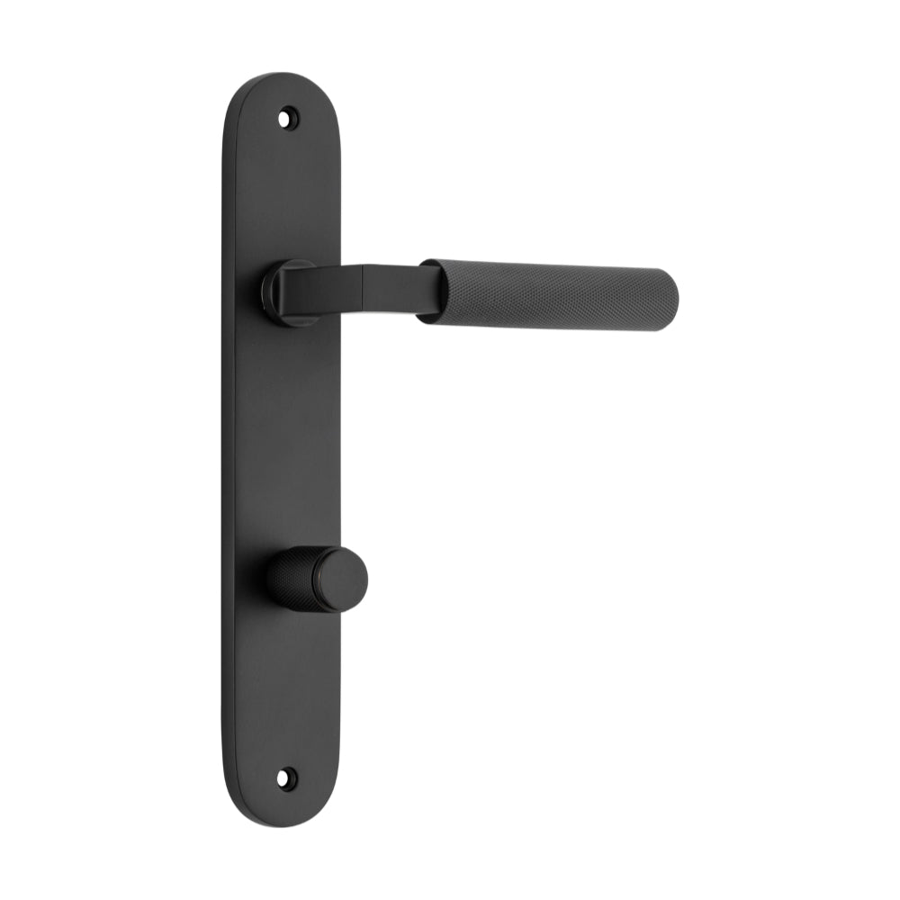 Pair of Iver Brunswick lever door handles on oval backplates, showcasing elegant architectural hardware design.