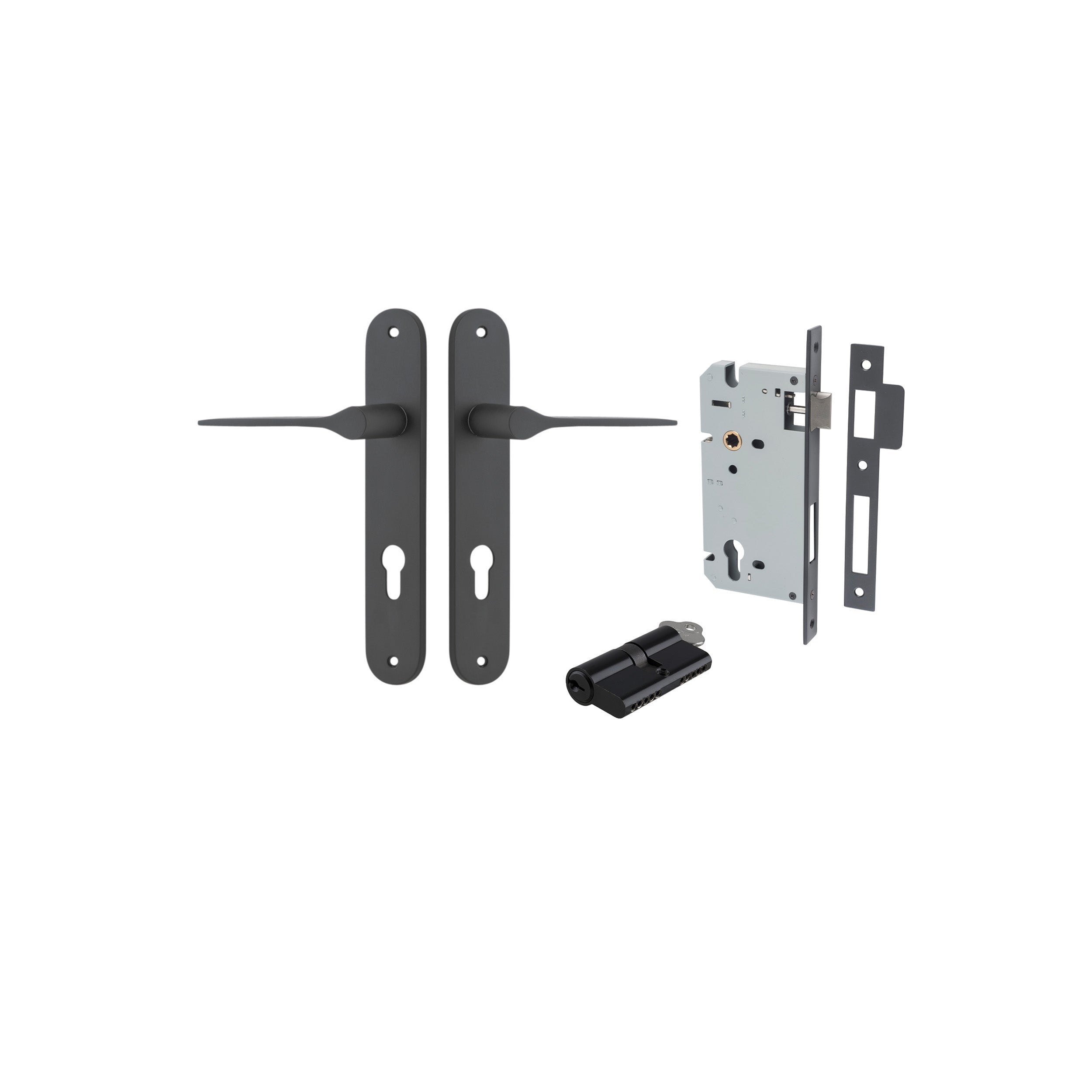 Door Lever Como Oval Euro Pair Matt Black CTC85mm L119xP59mm BPH240xW40mm Mortice Lock Euro Matt Black CTC85mm Backset 60mm, Euro Cylinder Dual Function 5 Pin Matt Black 65mm KA4 in Matt Black