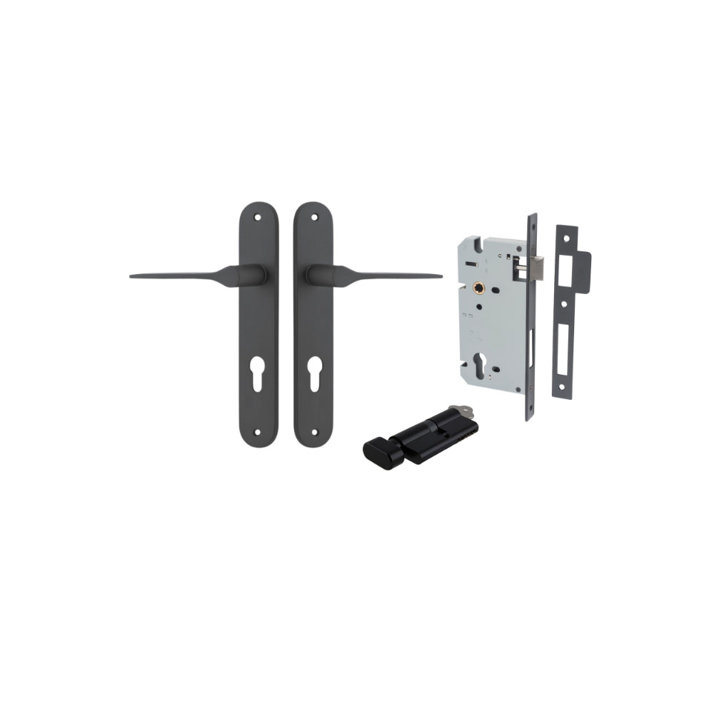 Door Lever Como Oval Euro Pair Matt Black CTC85mm L119xP59mm BPH240xW40mm Mortice Lock Euro Matt Black CTC85mm Backset 60mm, Euro Cylinder Key Thumb 5 Pin Matt Black 65mm KA4 in Matt Black