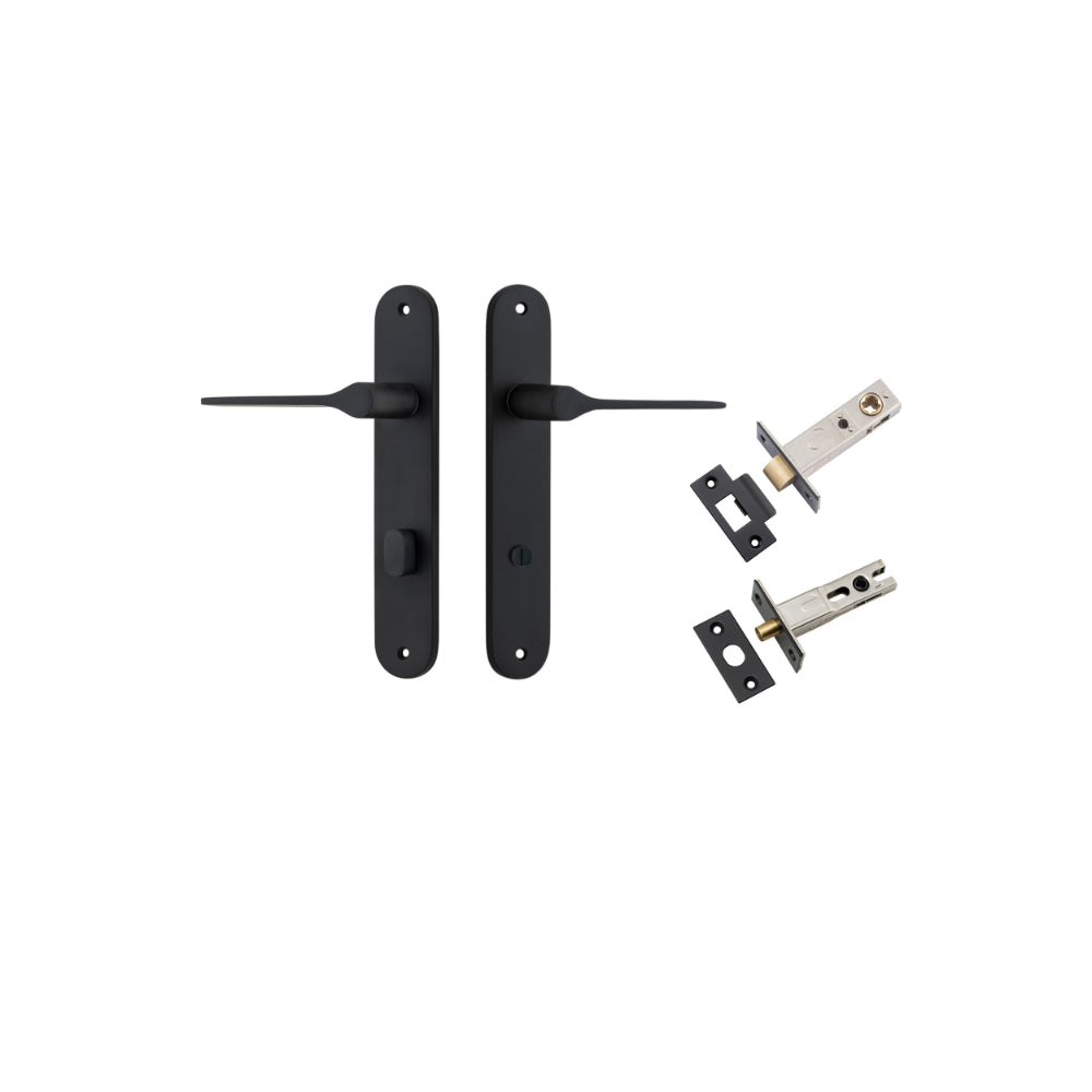 Door Lever Como Oval Privacy Matt Black CTC85mm L119xP59mm BPH240xW40mm Privacy Kit Tube Latch Split Cam 'T' Striker Matt Black Backset 60mm, Privacy Bolt Round Bolt Matt Black Backset 60mm in Matt Black