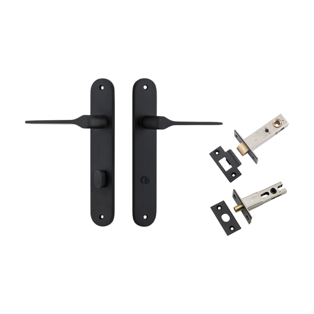 Door Lever Como Oval Privacy Matt Black CTC85mm L119xP59mm BPH240xW40mm Privacy Kit Tube Latch Split Cam 'T' Striker Matt Black Backset 60mm, Privacy Bolt Round Bolt Matt Black Backset 60mm in Matt Black