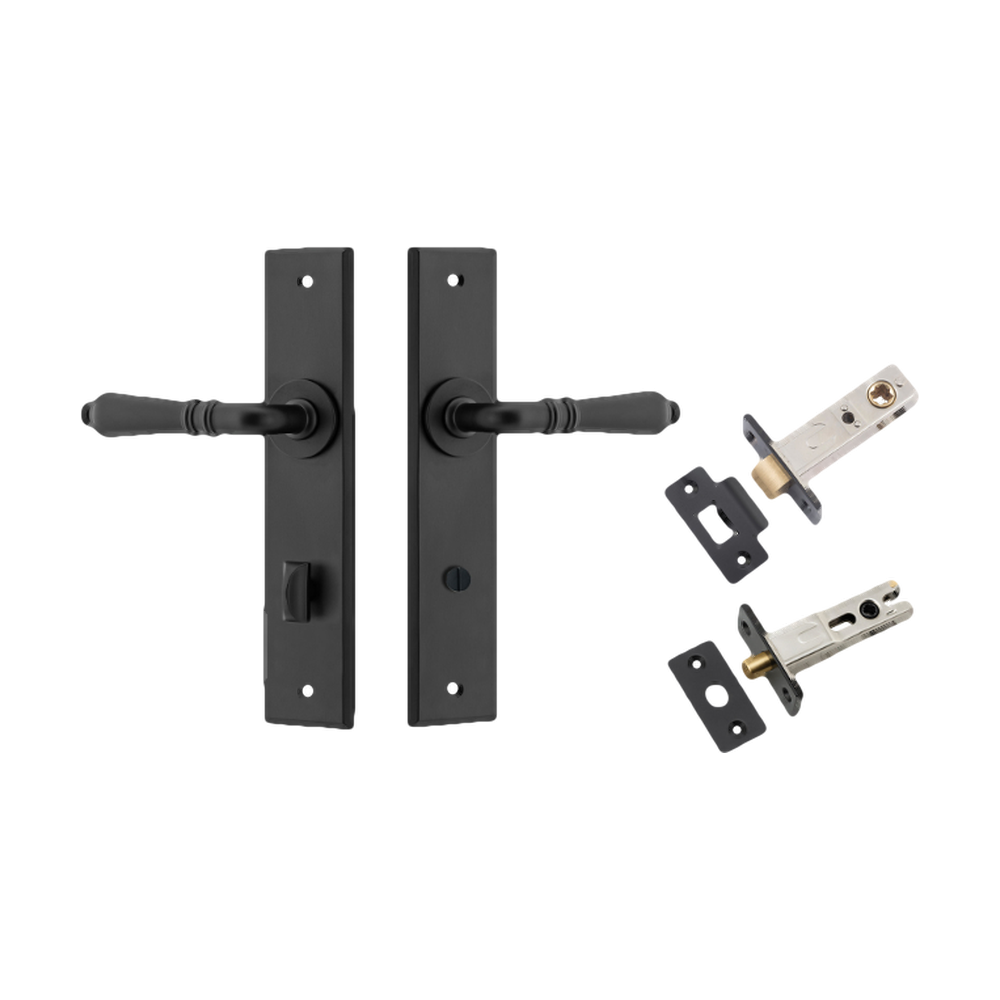 Door Lever Sarlat Chamfered Privacy Matt Black CTC85mm L111xP55mm BPH240xW50mm Privacy Kit Tube Latch Split Cam 'T' Striker Matt Black Backset 60mm, Privacy Bolt Round Bolt Matt Black Backset 60mm in Matt Black