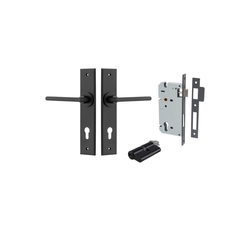 Door Lever Baltimore Chamfered Euro Pair Matt Black CTC85mm L118xP56mm BPH240xW50mm Mortice Lock Euro Matt Black CTC85mm Backset 60mm, Euro Cylinder Dual Function 5 Pin Matt Black 65mm KA4 in Matt Black