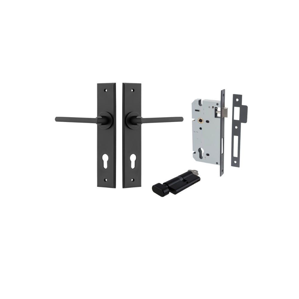 Door Lever Baltimore Chamfered Euro Pair Matt Black CTC85mm L118xP56mm BPH240xW50mm Mortice Lock Euro Matt Black CTC85mm Backset 60mm, Euro Cylinder Key Thumb 5 Pin Matt Black 65mm KA4 in Matt Black