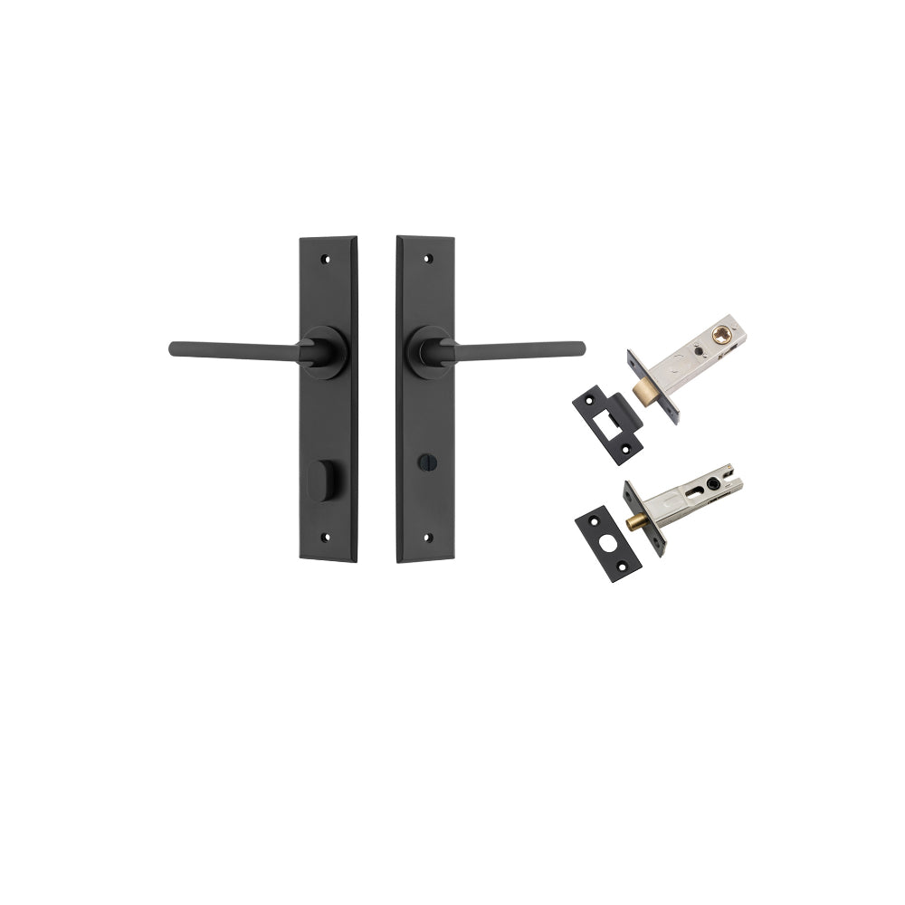 Door Lever Baltimore Chamfered Privacy Matt Black CTC85mm L118xP56mm BPH240xW50mm Privacy Kit Tube Latch Split Cam 'T' Striker Matt Black Backset 60mm, Privacy Bolt Round Bolt Matt Black Backset 60mm in Matt Black