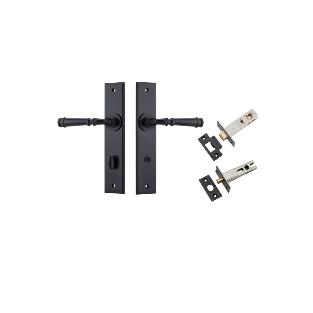 Door Lever Verona Chamfered Privacy Matt Black CTC85mm L122xP58mm BPH240xW50mm Privacy Kit Tube Latch Split Cam 'T' Striker Matt Black Backset 60mm, Privacy Bolt Round Bolt Matt Black Backset 60mm in Matt Black