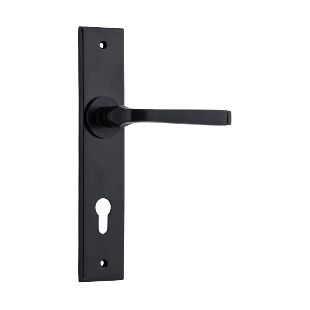 Pair of Iver Annecy lever door handles with chamfered backplate, showing sleek, modern design in a close-up view.