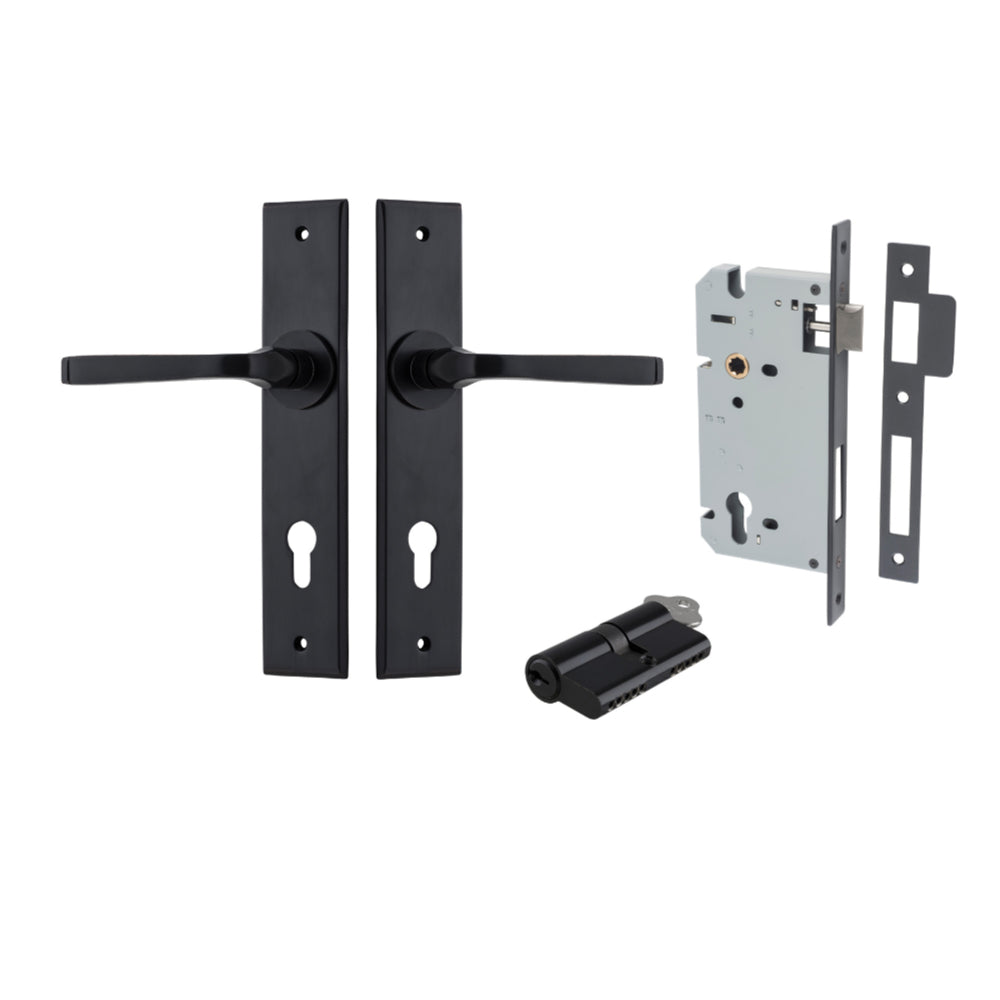 Door Lever Annecy Chamfered Euro Pair Matt Black CTC85mm L117xP65mm BPH240xW50mm Mortice Lock Euro Matt Black CTC85mm Backset 60mm, Euro Cylinder Dual Function 5 Pin Matt Black 65mm KA4 in Matt Black