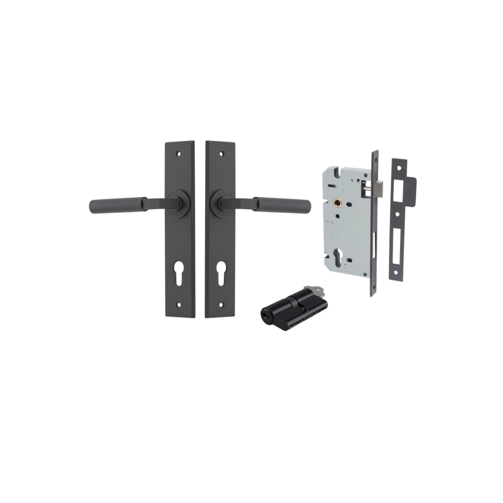 Door Lever Berlin Chamfered Euro Pair Matt Black CTC85mm L120xP59mm BPH240xW50mm Mortice Lock Euro Matt Black CTC85mm Backset 60mm, Euro Cylinder Dual Function 5 Pin Matt Black 65mm KA4 in Matt Black