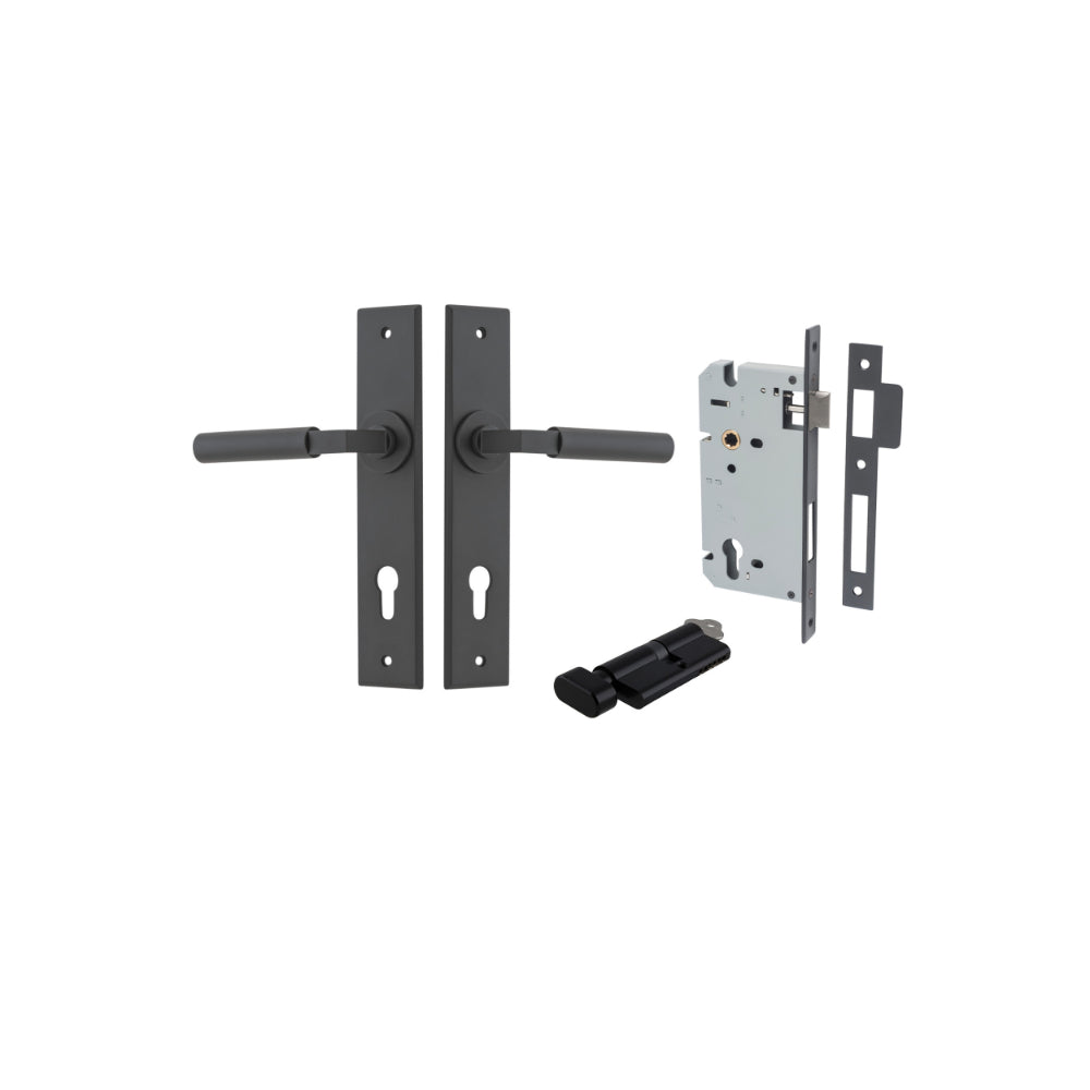 Door Lever Berlin Chamfered Euro Pair Matt Black CTC85mm L120xP59mm BPH240xW50mm Mortice Lock Euro Matt Black CTC85mm Backset 60mm, Euro Cylinder Key Thumb 5 Pin Matt Black 65mm KA4 in Matt Black