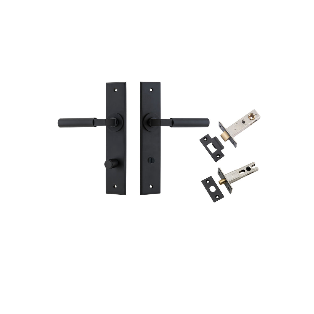 Door Lever Berlin Chamfered Privacy Matt Black CTC85mm L120xP59mm BPH240xW50mm Privacy Kit Tube Latch Split Cam 'T' Striker Matt Black Backset 60mm, Privacy Bolt Round Bolt Matt Black Backset 60mm in Matt Black