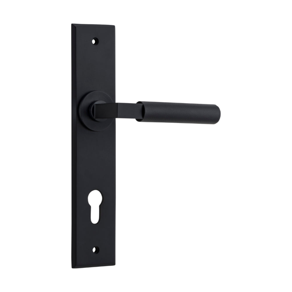 Pair of Iver Brunswick lever door handles on chamfered backplates, showcasing elegant architectural hardware design.